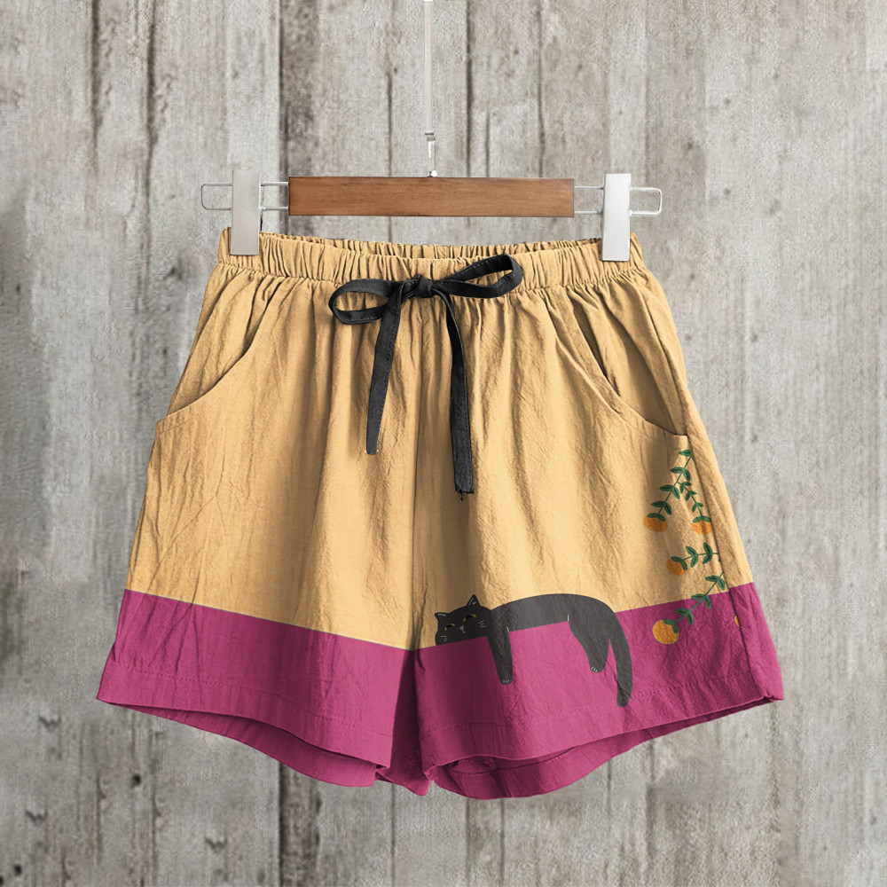 Abstract Creative Lazy Black Cat Painting Art Linen Shorts