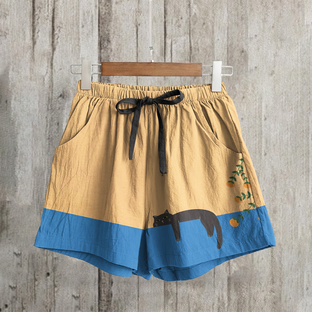 Abstract Creative Lazy Black Cat Painting Art Linen Shorts