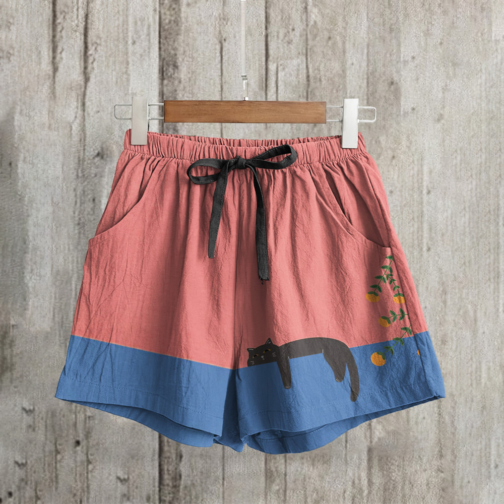 Abstract Creative Lazy Black Cat Painting Art Linen Shorts