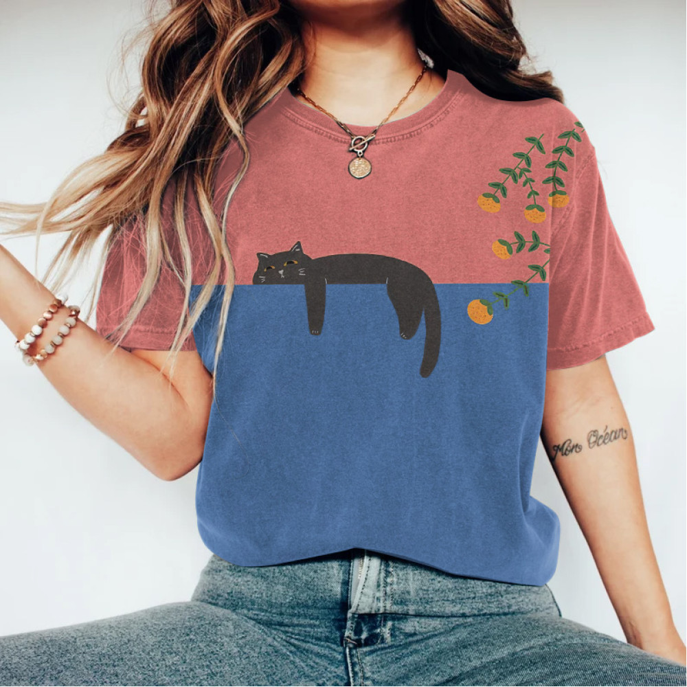 Abstract Creative Lazy Black Cat Painting Art T-Shirt