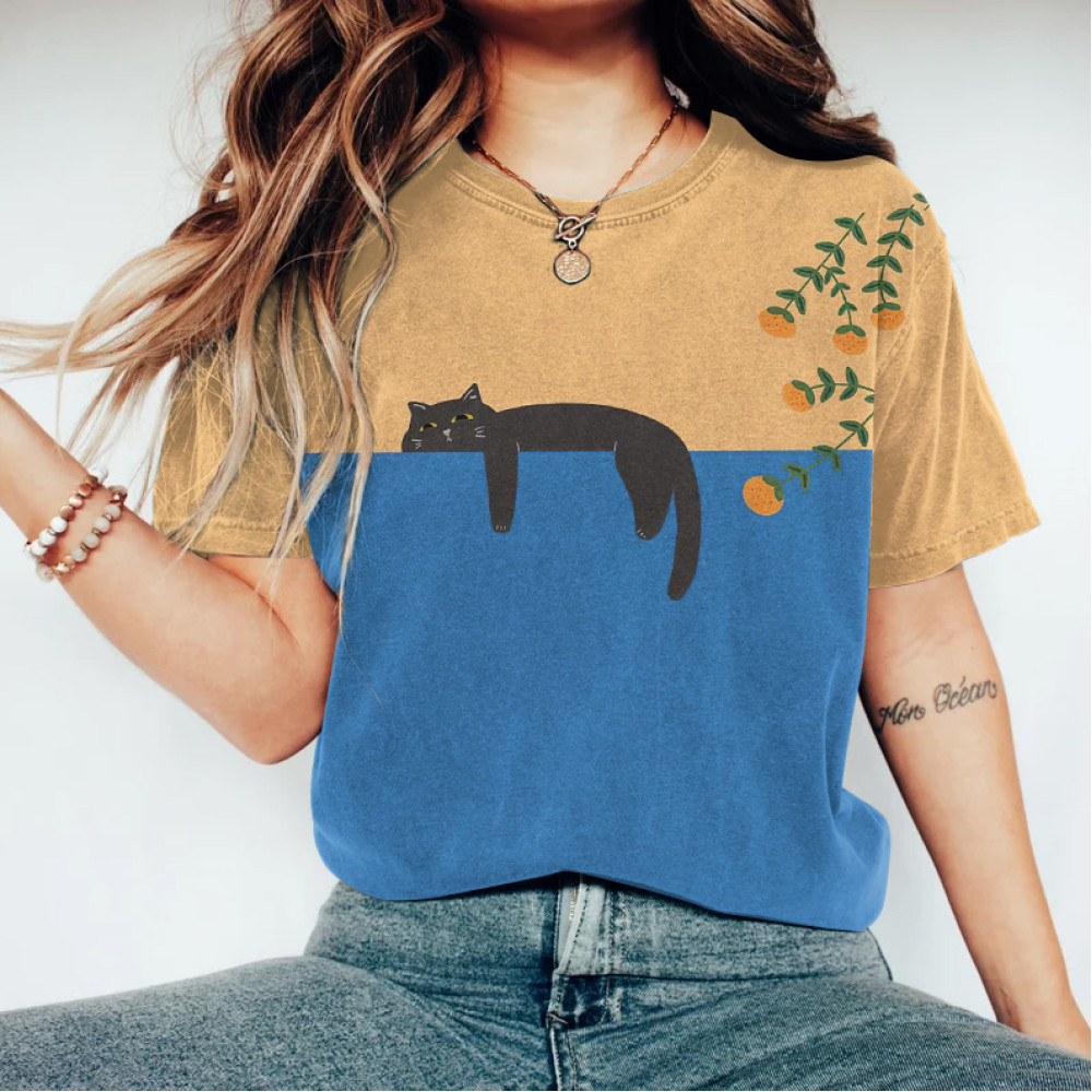 Abstract Creative Lazy Black Cat Painting Art T-Shirt