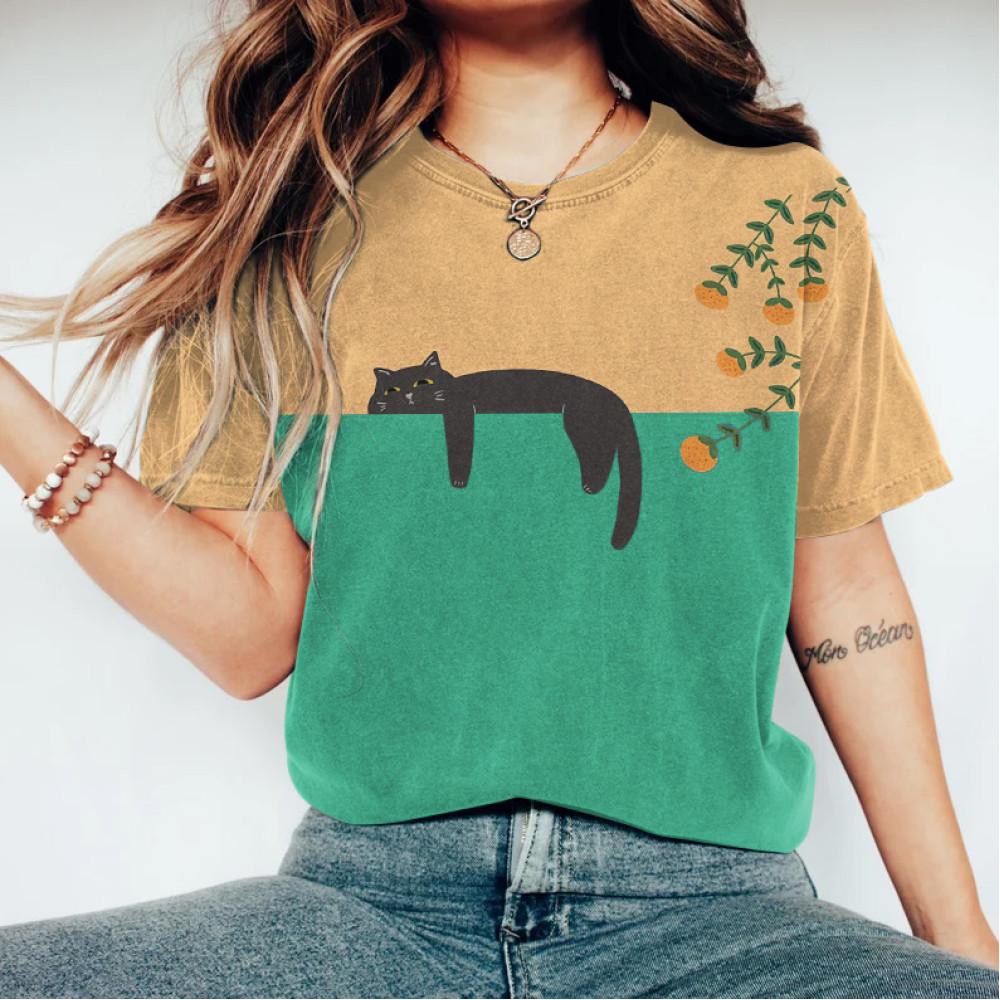 Abstract Creative Lazy Black Cat Painting Art T-Shirt