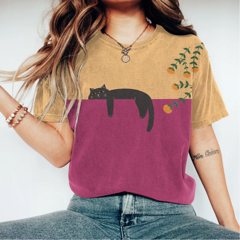 Abstract Creative Lazy Black Cat Painting Art T-Shirt