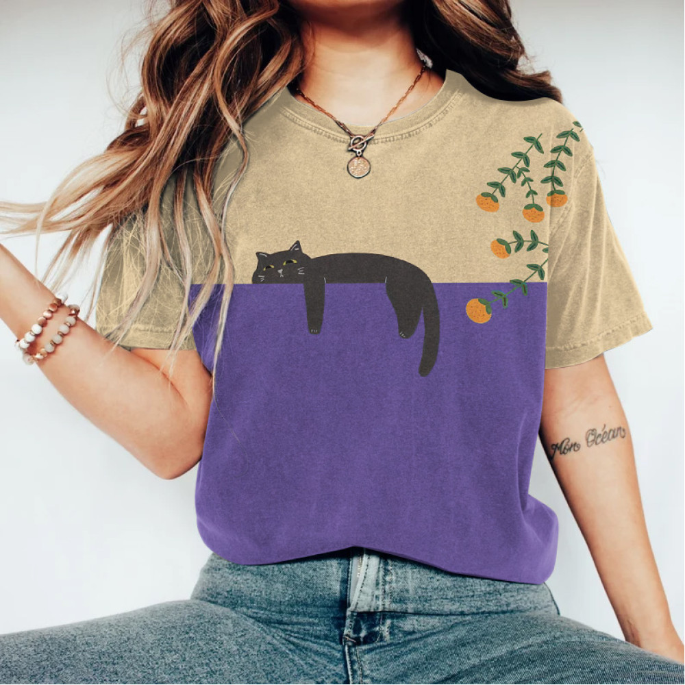 Abstract Creative Lazy Black Cat Painting Art T-Shirt