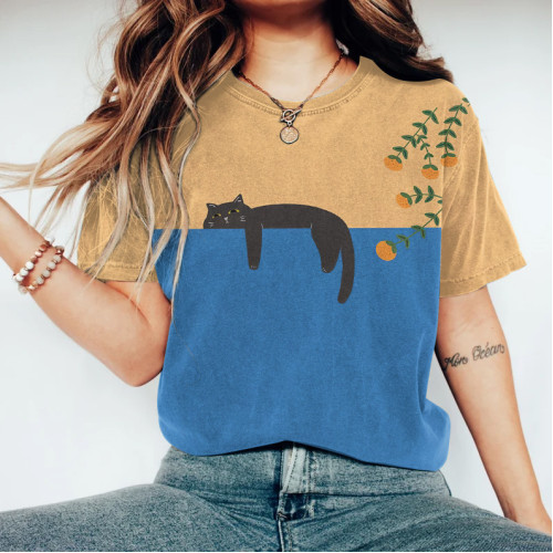 Abstract Creative Lazy Black Cat Painting Art T-Shirt