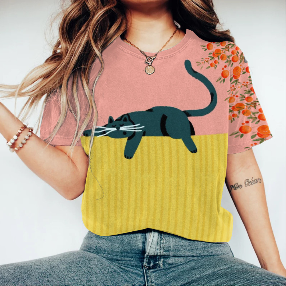 Abstract Creative Lazy Black Cat Painting Art T-Shirt