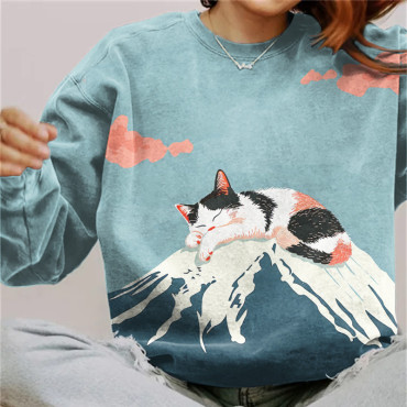 Abstract Creative Lazy Cat Sleeping On Mount Fuji Painting Art Print Sweatshirt