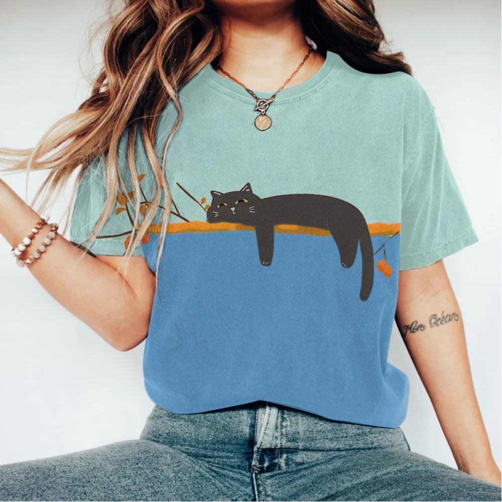 Abstract Creative Lazy Lovely Black Cat Painting Art T-Shirt