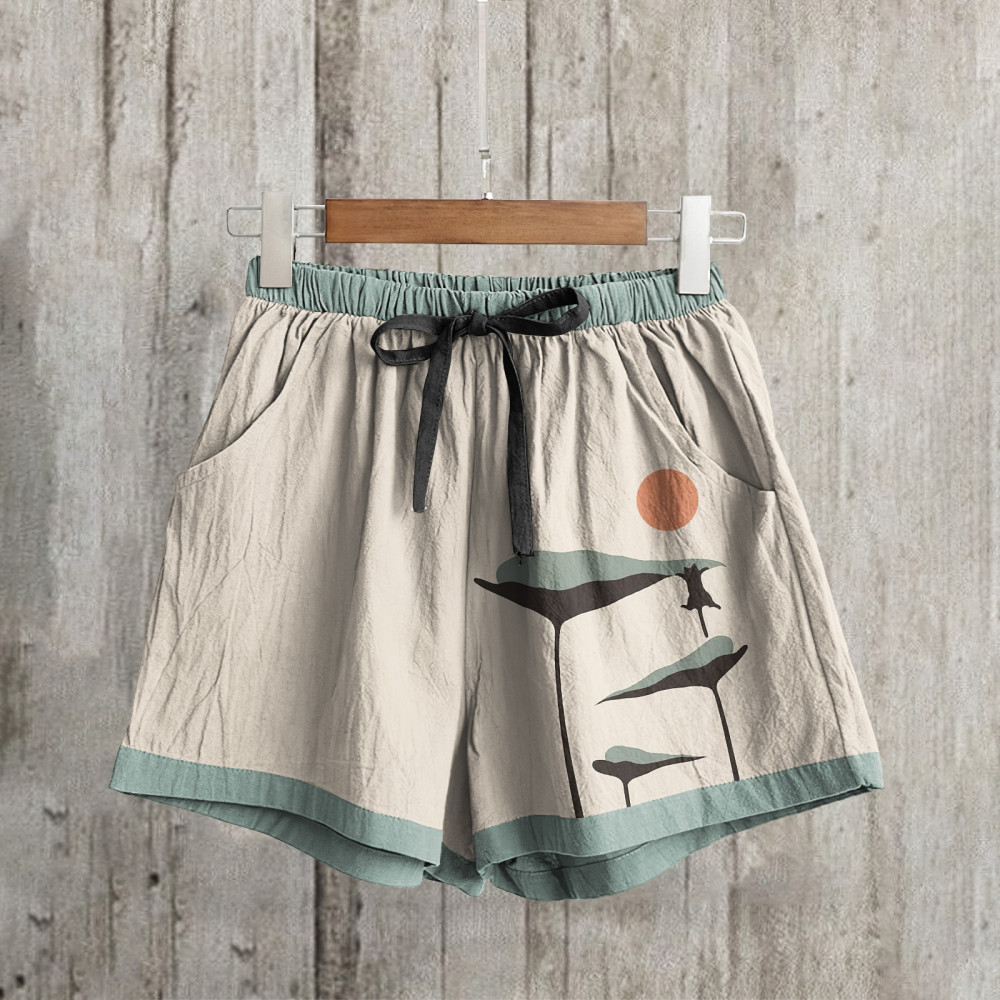 Abstract Creative Lotus Leaf Cat Painting Art Linen Shorts