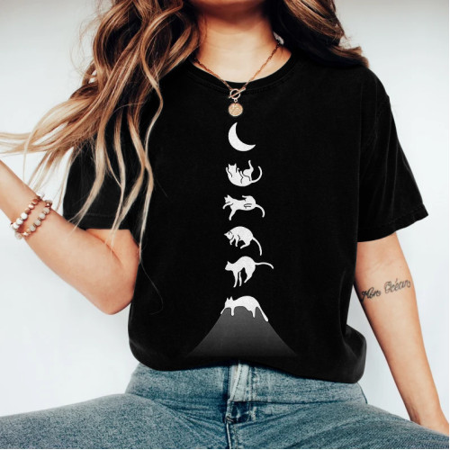 Abstract Creative Moon Cat On Mount Fuji Painting Art T-Shirt