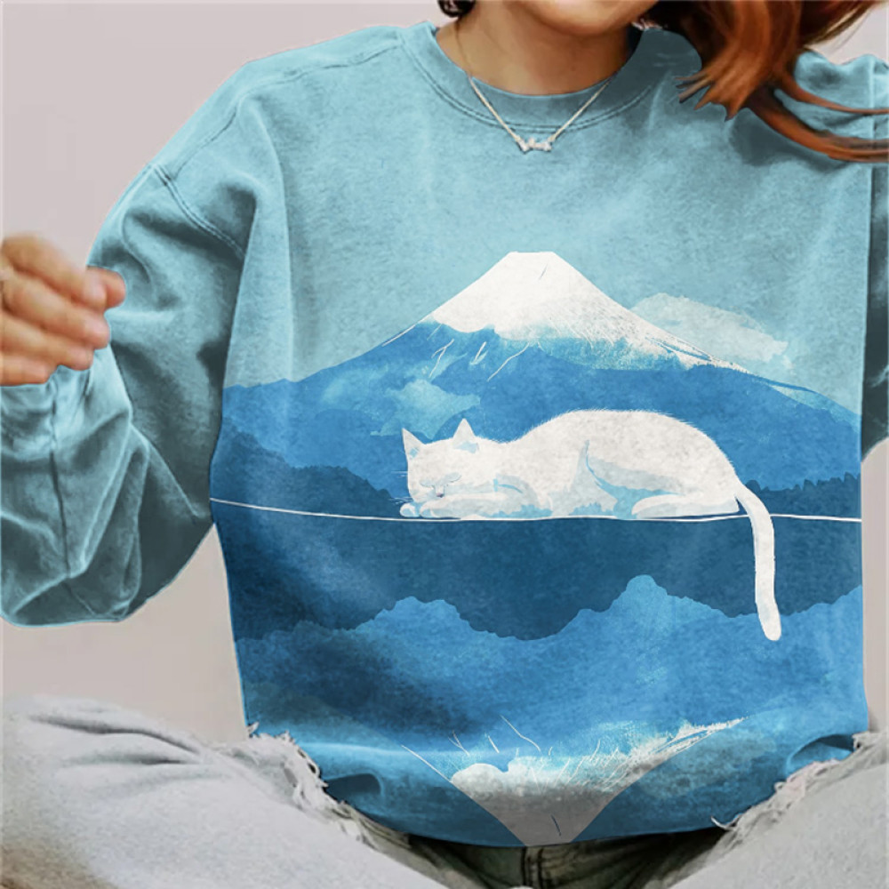 Abstract Creative Mount Fuji Lazy Cat Painting Art Print Sweatshirt