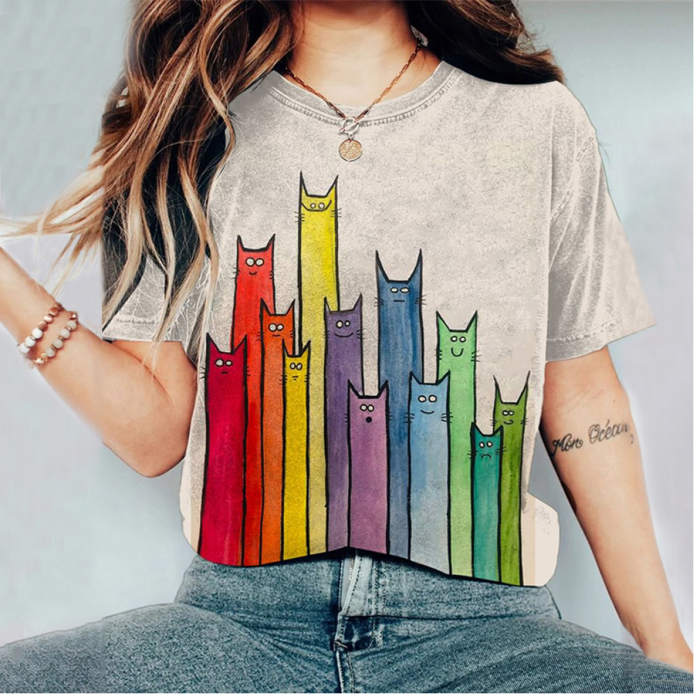 Abstract Creative Rainbow Colorful Cat Drawing Painting Art T-Shirt