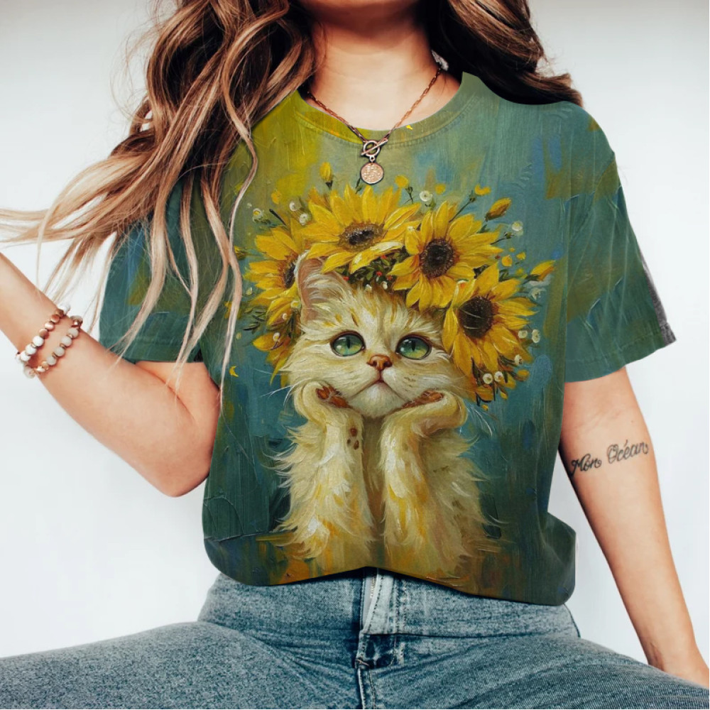 Abstract Creative Shy Cute Cat Under The Sunflower Painting Art T-Shirt