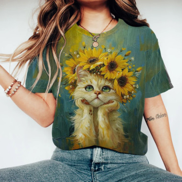 Abstract Creative Shy Cute Cat Under The Sunflower Painting Art T-Shirt