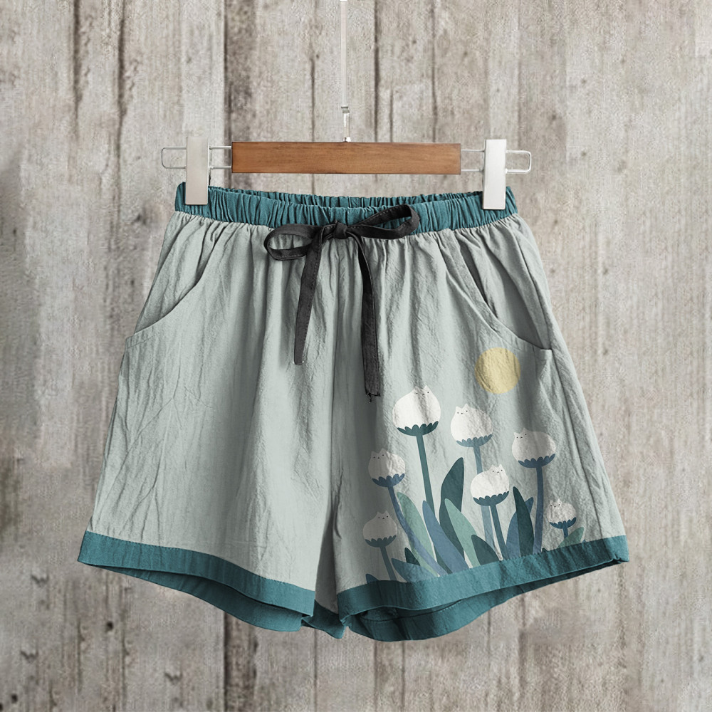 Abstract Creative Spring Cute Cat And Plant Painting Art Linen Shorts