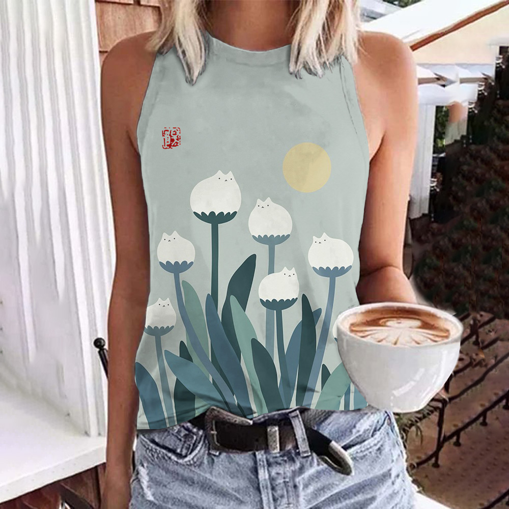 Abstract Creative Spring Cute Cat And Plant Painting Art Tank Top