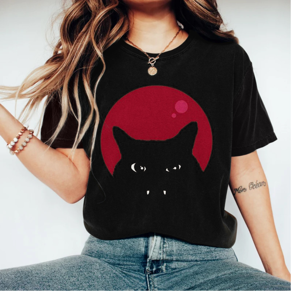 Abstract Creative Sunset Black Cat Painting Art T-Shirt