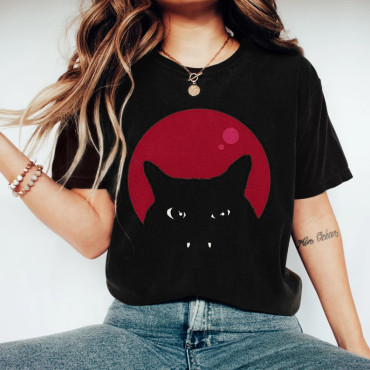 Abstract Creative Sunset Black Cat Painting Art T-Shirt