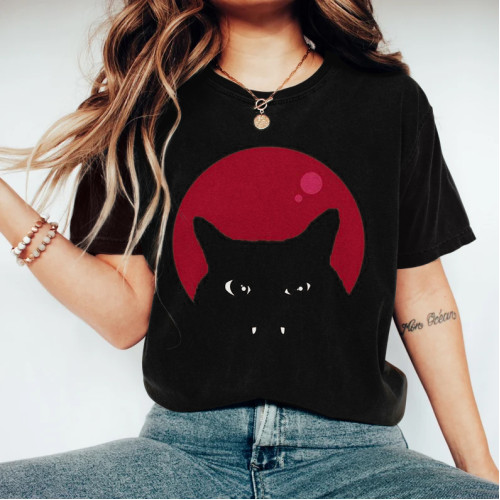 Abstract Creative Sunset Black Cat Painting Art T-Shirt