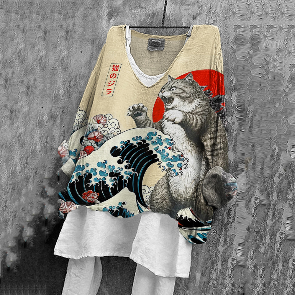Abstract Creative The Great Waves And Godzilla Japanese Art Cat Print Flowy Tunic