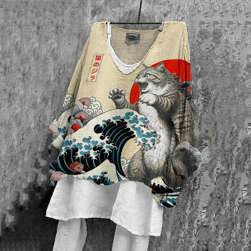 Abstract Creative The Great Waves And Godzilla Japanese Art Cat Print Flowy Tunic