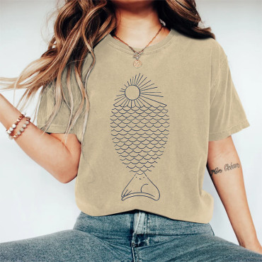 Abstract Simple Cat Fish Art Print Short Sleeve T-Shirt