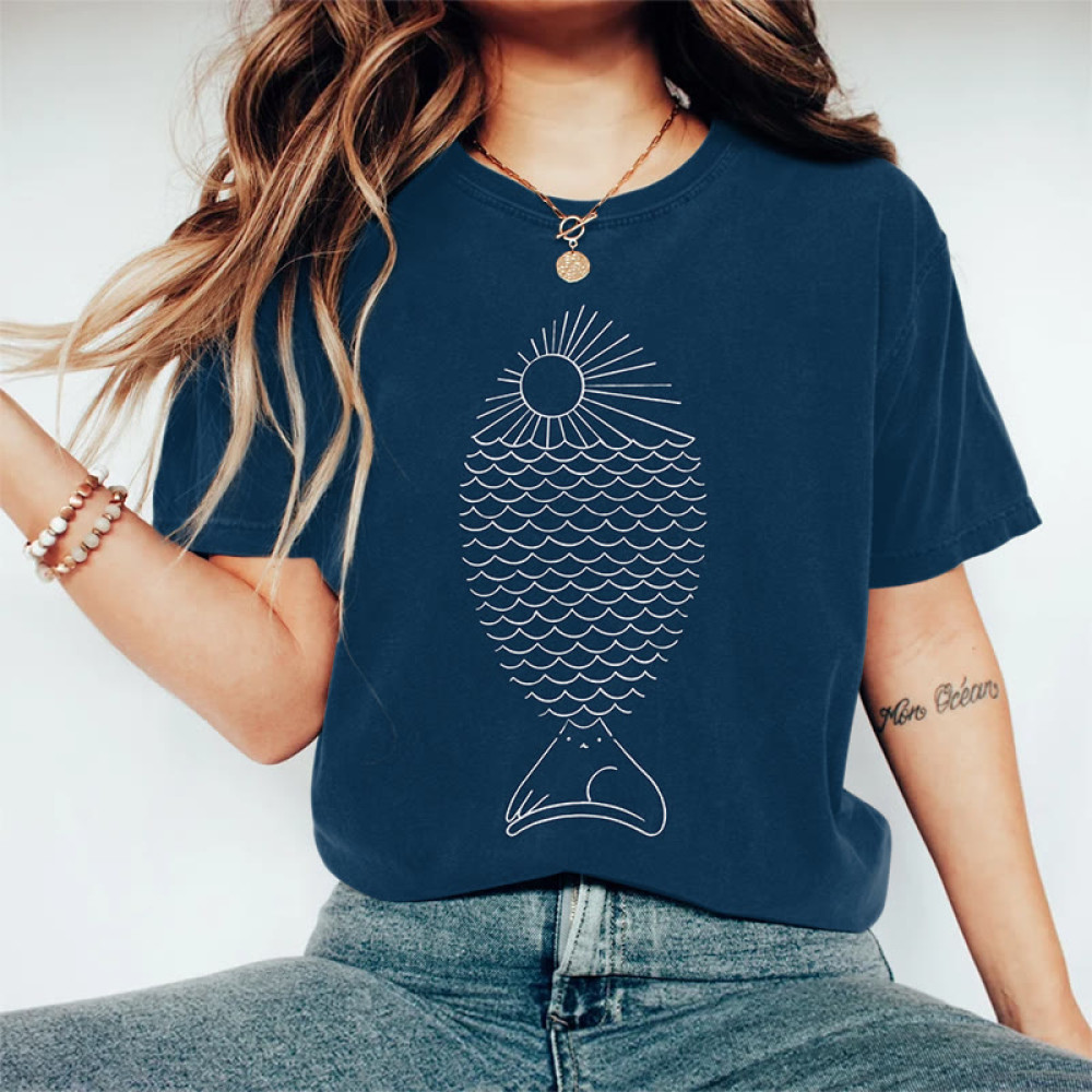 Abstract Simple Cat Fish Art Print Short Sleeve T-Shirt