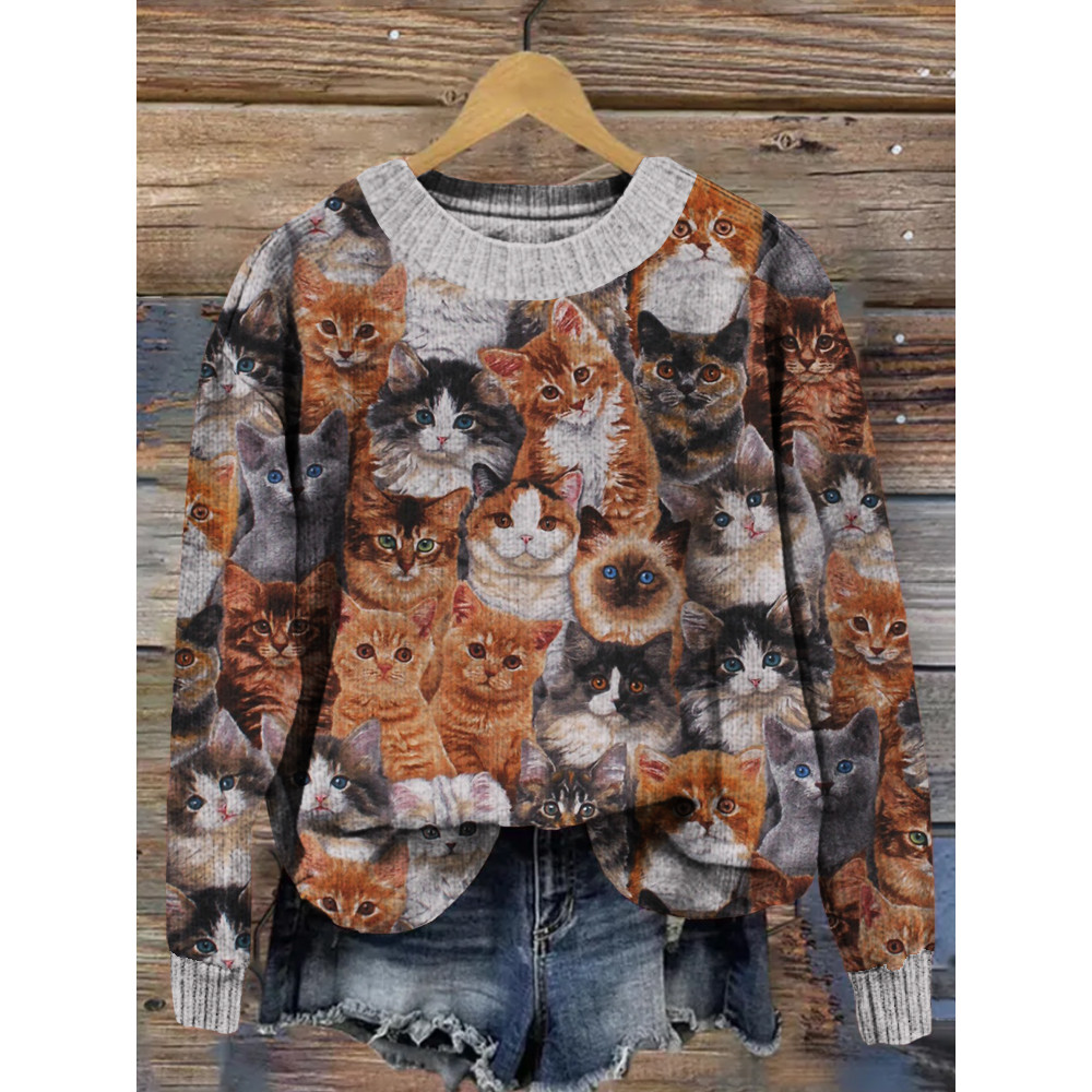 Allover Cat Pattern Crew Neck Vintage Comfy Sweater