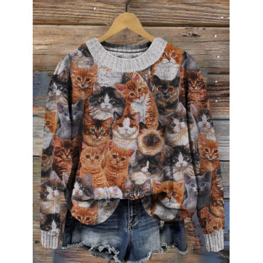 Allover Cat Pattern Crew Neck Vintage Comfy Sweater