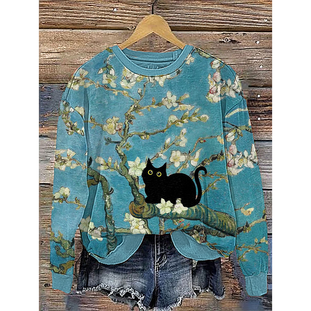 Almond Blossom Cat Art Painting Print Cotton Cozy Sweatshirt