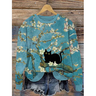 Almond Blossom Cat Art Painting Print Cotton Cozy Sweatshirt