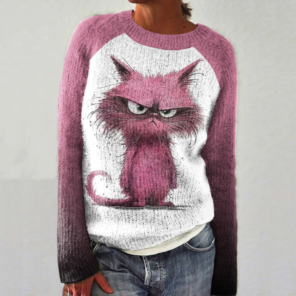 Angry Cat Casual Color Block Long Sleeve Sweater