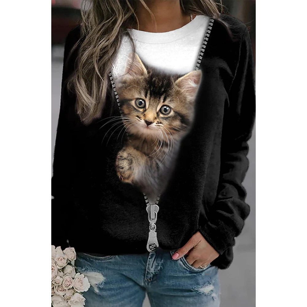 Animal Cat Printed Round Neck Long Sleeve Sweatshirt