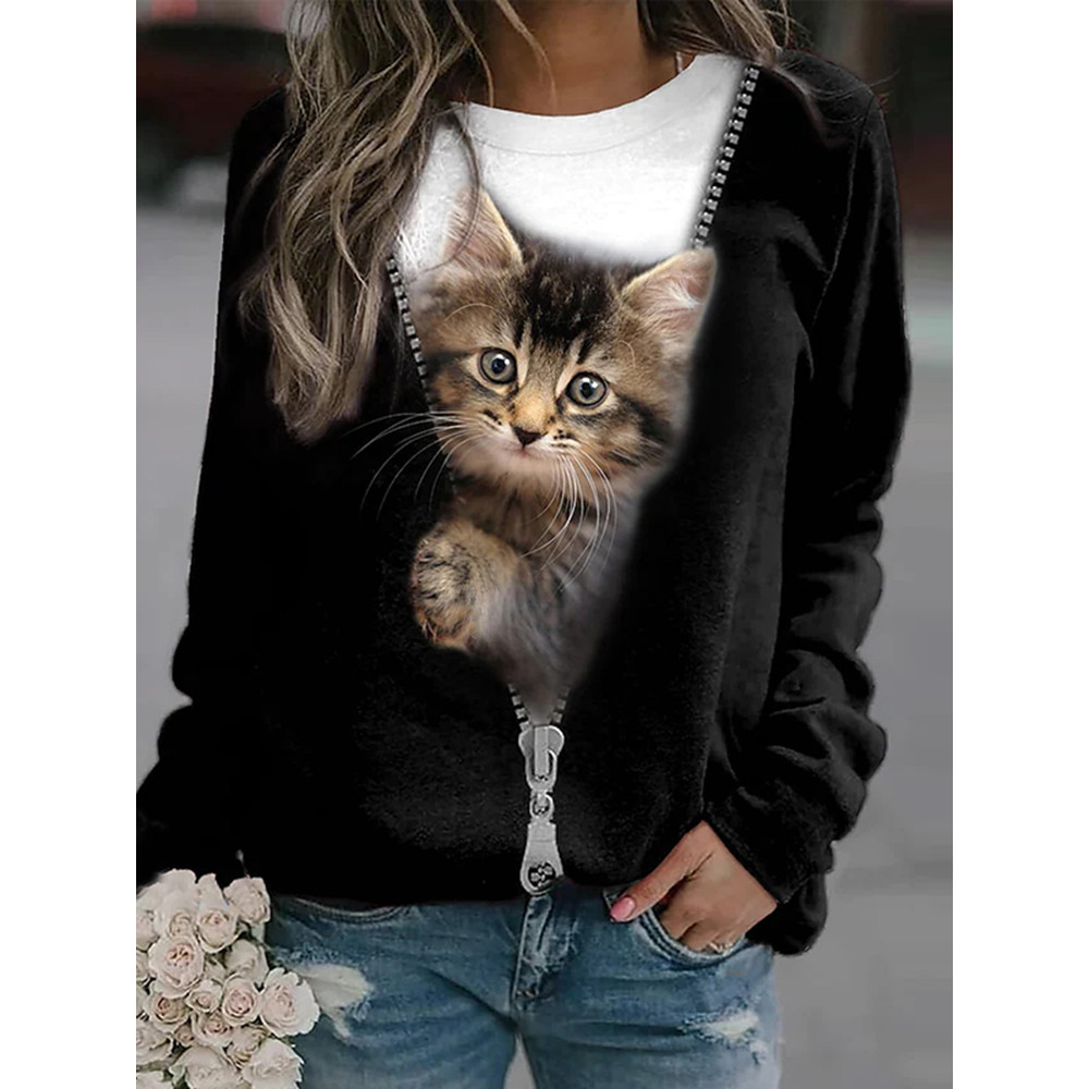 Animal Cat Printed Round Neck Long Sleeve Sweatshirt