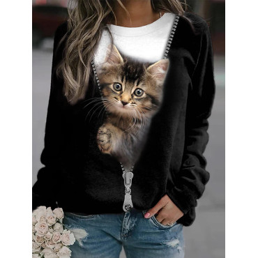 Animal Cat Printed Round Neck Long Sleeve Sweatshirt