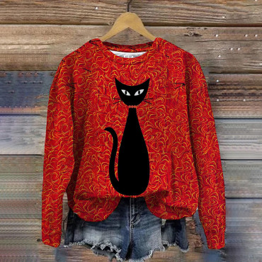 Art Abstract Black Cat Casual Long Sleeve Sweatshirt