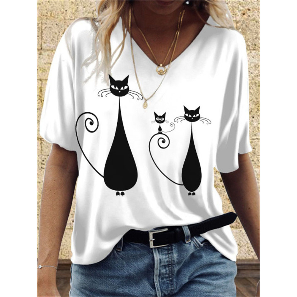Art Black And White Cat Printed T Shirt
