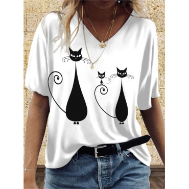 Art Black And White Cat Printed T Shirt
