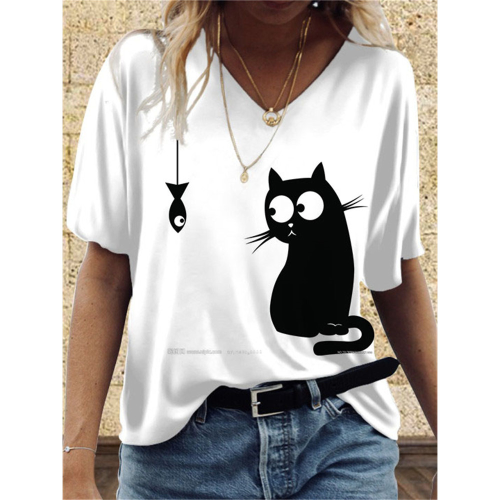 Art Black And White Cat Printed T Shirt