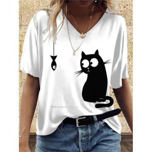 Art Black And White Cat Printed T Shirt