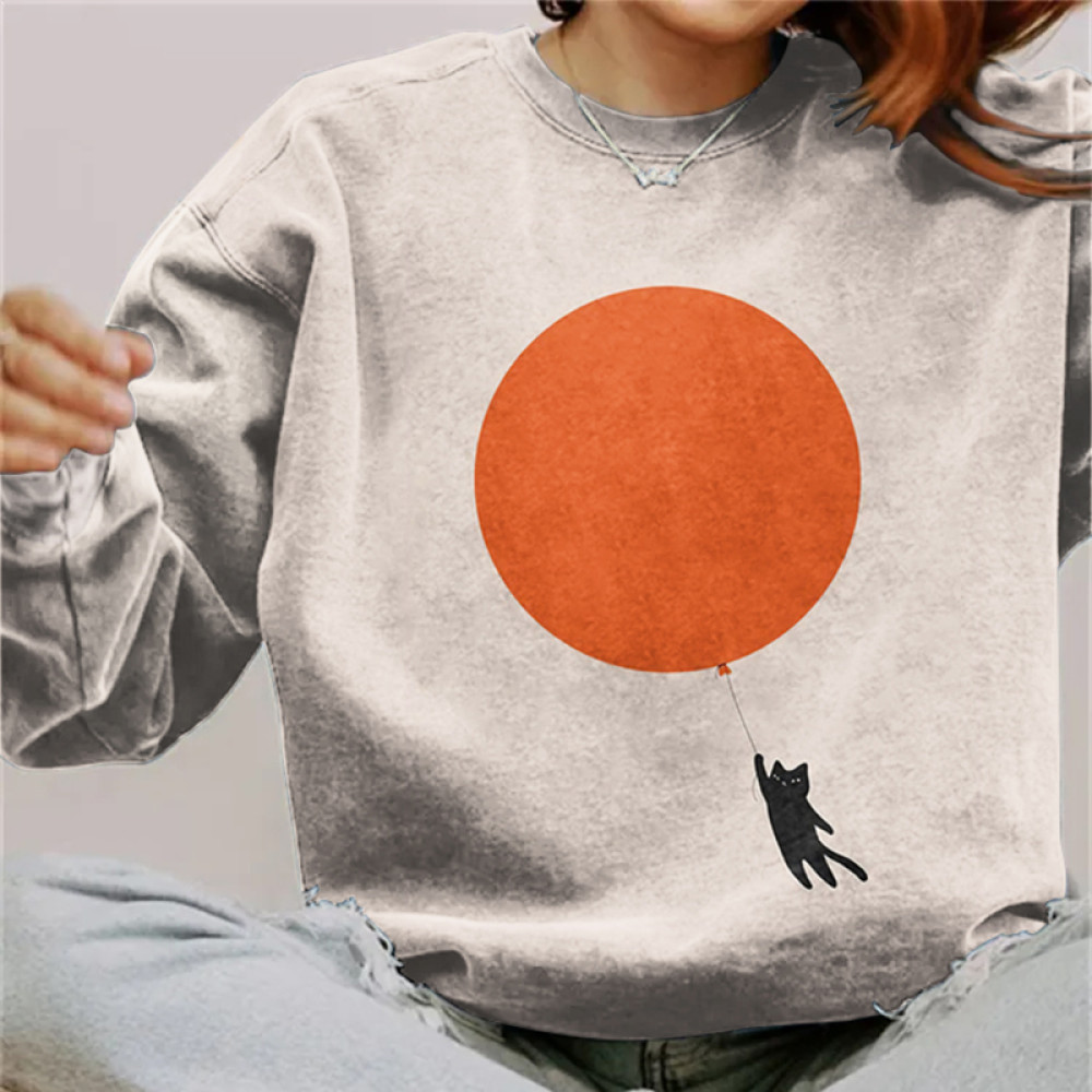 Art Black Cat Print Crew Neck Sweatshirt