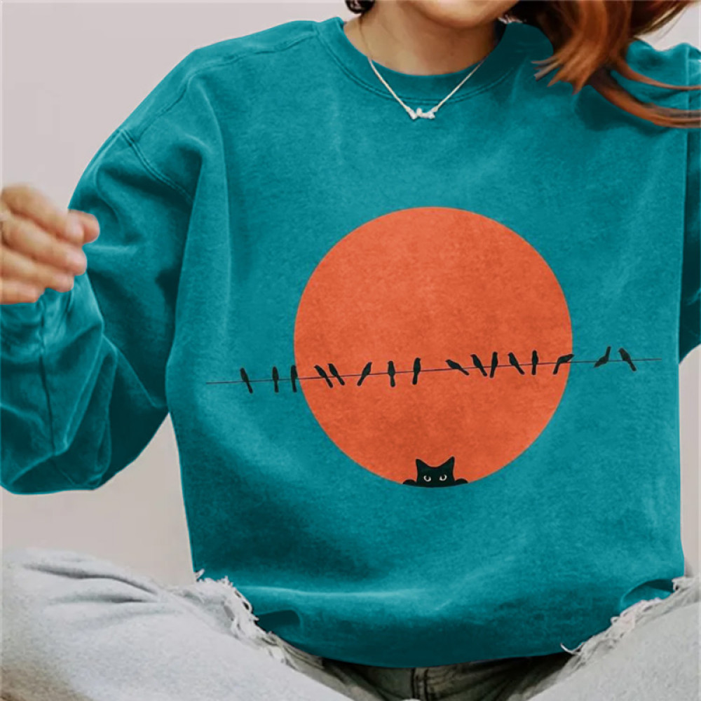 Art Cat Print Crew Neck Casual Sweatshirt