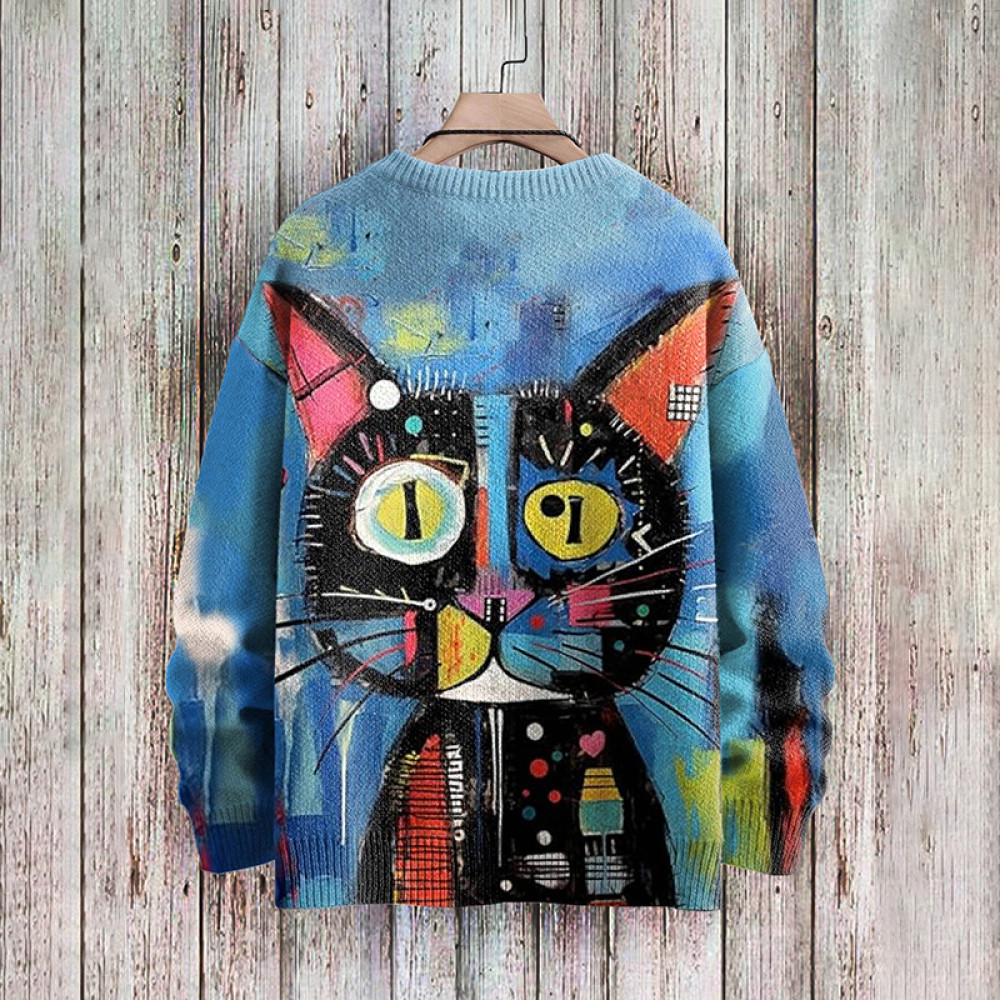 Art Cat Print Crew Neck Long Sleeve Knitted Sweater