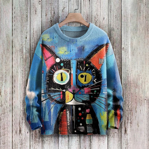 Art Cat Print Crew Neck Long Sleeve Knitted Sweater