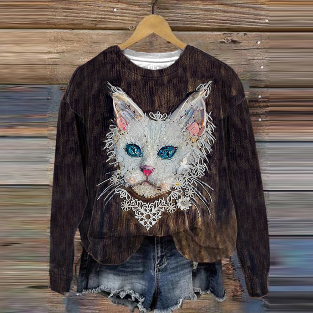 Art Cat Print Crew Neck Sweatshirt