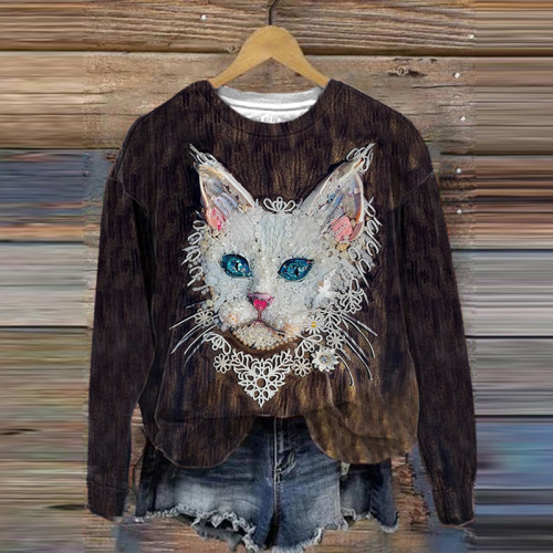 Art Cat Print Crew Neck Sweatshirt