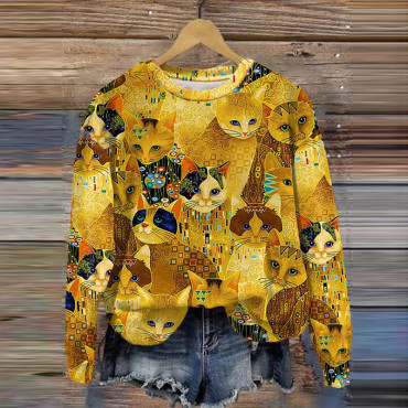 Art Cat Print Long Sleeve Casual Sweatshirt