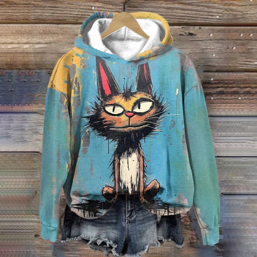 Art Cat Print Long Sleeve Hoodie