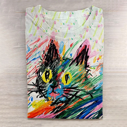 Art Cat Print Round Neck Long Sleeve T-Shirt