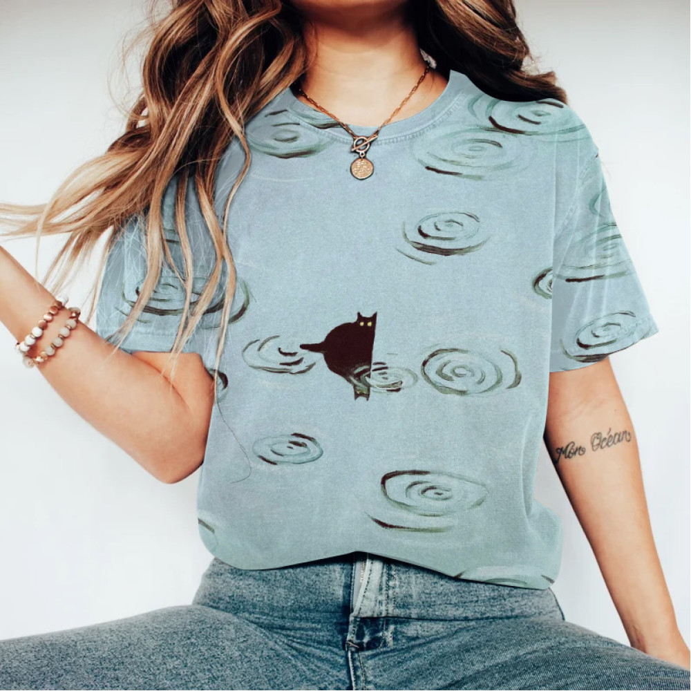 Art Cat Print Round Neck Short Sleeve T-Shirt
